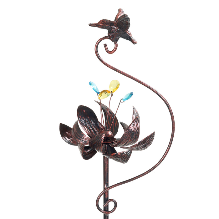 Kinetic Lotus with Hummingbird Bronze Spinner Garden Stake, 8 by 42.5 Inches