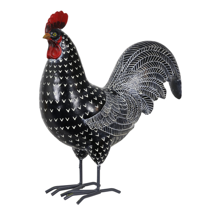 Black and White Polka Dot Pattern Hand Painted Rooster Garden Statue, 12 Inch