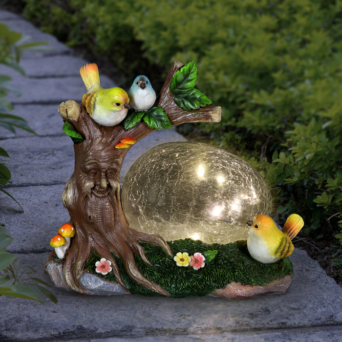 Solar Enchanted Crackle Glass Orb with Birds on a Tree Stump Statuary, 10.5 by 9 Inches
