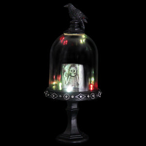 spooky crow on a pedestal Halloween LED dome with skeleton book, 11 Inch