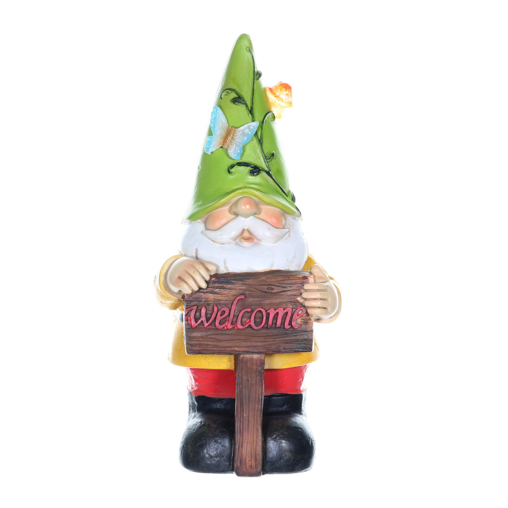 Solar Green Hat Goober Garden Gnome Statue with Welcome Sign, 10 Inch