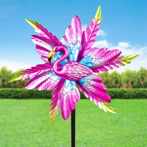 Metallic Pink Kinetic Flamingo Garden Stake with Double Spinning Feathers, 19 by 63 Inches | Shop Garden Decor by Exhart