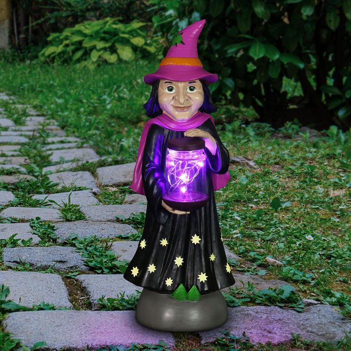 Friendly Witch Statuary with LED Sparkle Light Jar and Battery Powered Automatic Timer, 14 Inches tall