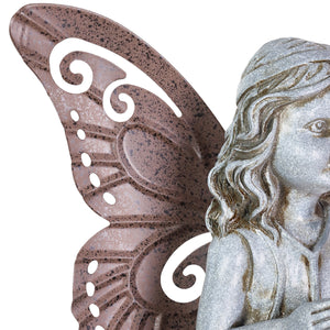 Stone Fairy Left Facing Statue with Metal Wings and Metal Flower, 8 by 19 Inch | Shop Garden Decor by Exhart