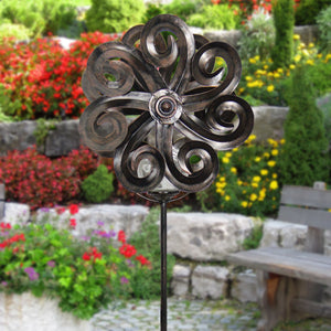 Solar Kinetic Double Wave Windmill Metal and Crackle Glass Garden Spinner Stake