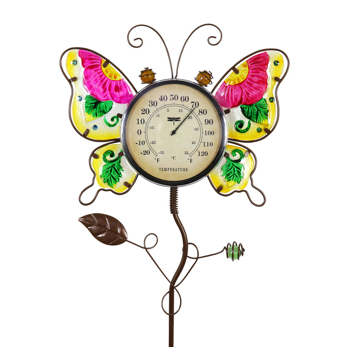 Butterfly Thermometer Garden Stake Hand Painted and Made of glass and metal, 36 inches