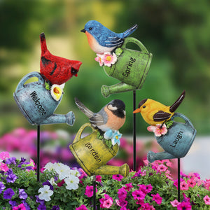 4 Piece Hand Painted Birds on Watering Cans with Inspirational Messages Resin Plant Stakes, 3.5 by 16 Inch | Exhart