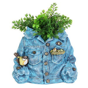 Hand Painted Blue Jean Jacket with Birds Resin Planter, 14.5 by 11.5 Inches | Shop Garden Decor by Exhart