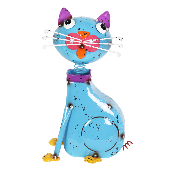 Hand Painted Blue Metal Cat Statuary, 13 Inch