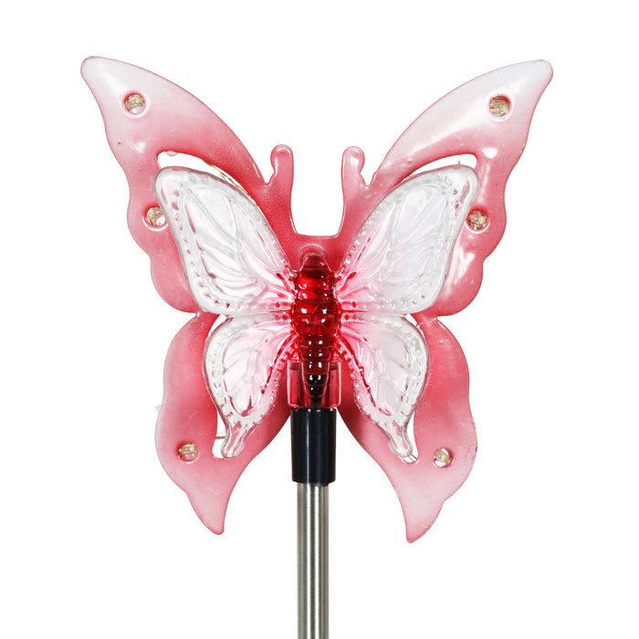 Solar Acrylic and Metal Pink Butterfly Garden Stake with Twelve LED Lights, 4 by 34 Inches