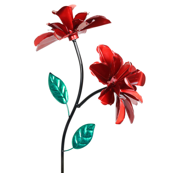 Double Rose Flower Wind Spinner Garden Stake Hand Painted in Metallic Red, 10 by 39 Inches