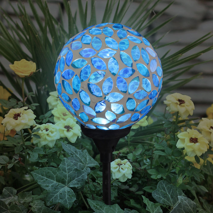 Solar Mosaic Glass Ball Garden Stake in Blue, 4 by 32.5 Inches