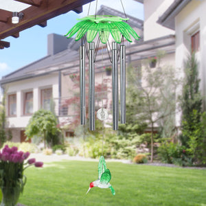 Solar LED Green Flower Hanging Wind Chime with Hummingbird Charm,  7 by 27.5 Inches | Shop Garden Decor by Exhart