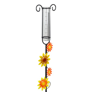 Glass and Metal Rain Gauge Garden Stake with Hand Painted Yellow and Orange Flowers, 42 Inches | Shop Garden Decor by Exhart