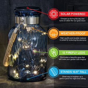 Solar Diamond Glass Accent Lantern with Rope Handle and Twelve LED Lights in Sapphire Blue, 10.5 Inches | Exhart