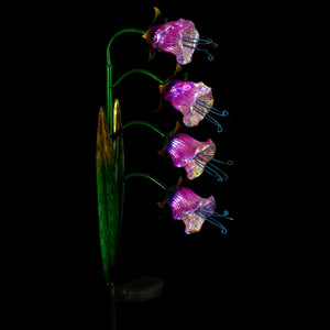 Solar Iridescent Glass Garden Stake with Four Cascading Pink Bell Flowers, 8 by 34 Inches