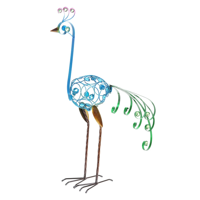 Metal Filigree Blue Bird with Green Tail Garden Statue, 28 Inch