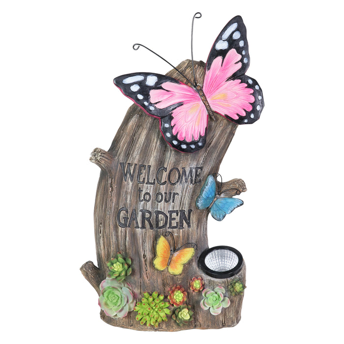 Solar Hand Painted Welcome Tree Stump Statuary with Butterflies and Succulents, 17 Inch