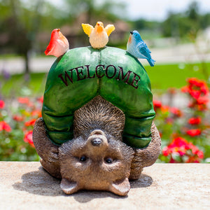 Solar Topsy-Turvy Welcome Racoon with Birds Garden Statue, 10 inches | Shop Garden Decor by Exhart