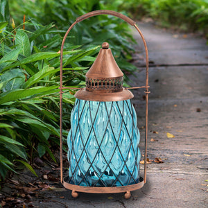 Solar Vintage Metal and Sea Blue Glass Accent Lantern with fifteen LED Fairy Firefly String Lights, 7 by 15 Inches | Exhart