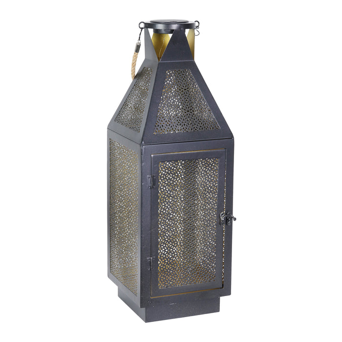 Black Metal Filigree Lantern with Fifty LED Lights on a Battery Timer, 22 Inch
