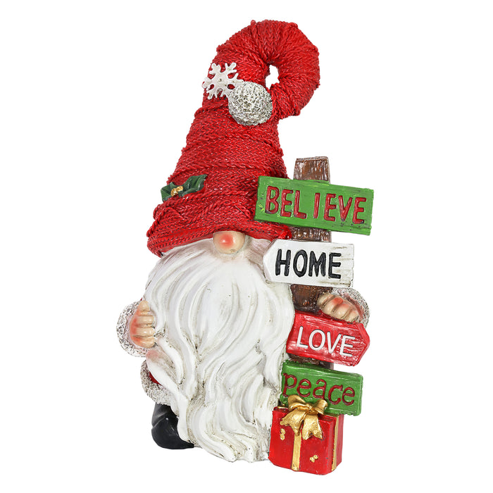 Hand Painted Red Hat Christmas Gnome with Believe Signpost, 8.5 Inch
