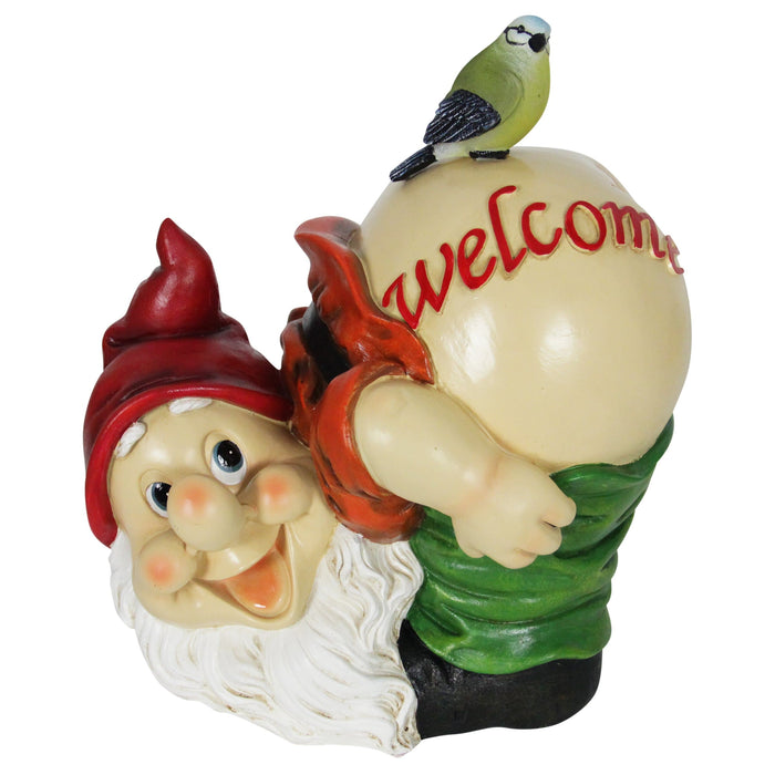 Solar Good Time Mooning Marty Gnome Welcome Sign Garden Statue with Bird, 11 Inch