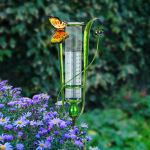 Solar Metal and Glass Butterfly Rain Gauge Garden Stake, 7.5 by 27 Inches | Shop Garden Decor by Exhart