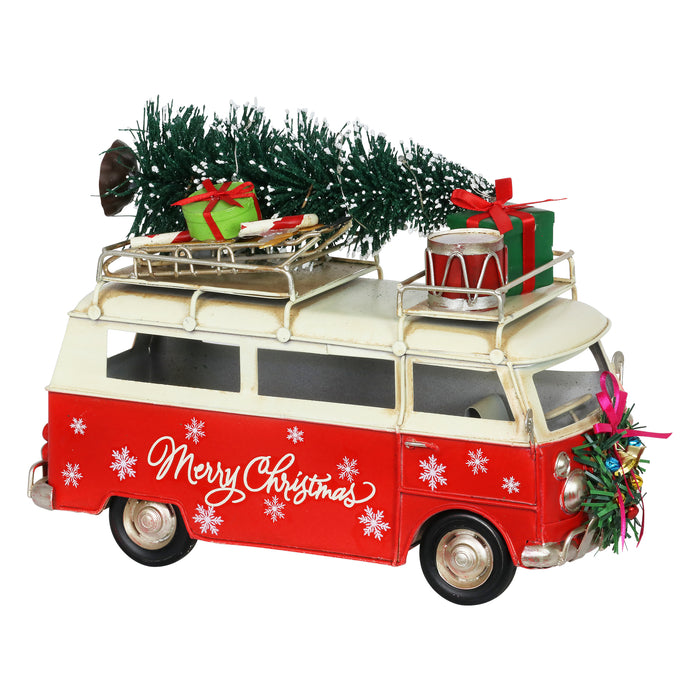 Red Metal Holiday Van with LED Christmas Tree Decor on a Battery Powered Timer, 10.5 x 7.5  Inches