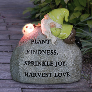 Solar Hand Painted Gnome Inspirational Kindness and Joy Garden Stone Statue with LED Lady Bug, 3 by 5 Inches | Exhart