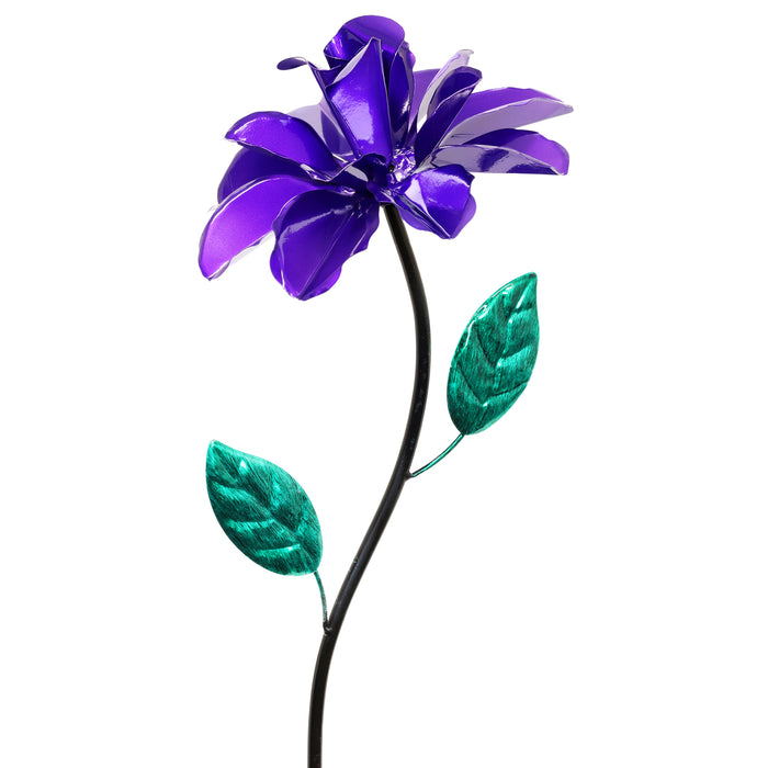 Rose Flower Wind Spinner Garden Stake, Hand Painted in Metallic Purple, 8 by 39 Inches