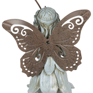 Stone Fairy Right Facing Statue with Metal Wings and Metal Flower, 8.5 by 19 Inch | Shop Garden Decor by Exhart