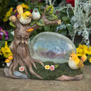 Solar Enchanted Crackle Glass Orb with Birds on a Tree Stump Statuary, 10.5 by 9 Inches | Shop Garden Decor by Exhart