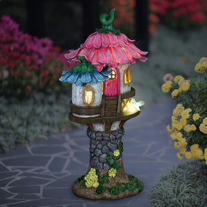 Solar Pink and Blue Flower Roof Fairy House Statue, 17 Inches tall | Shop Garden Decor by Exhart