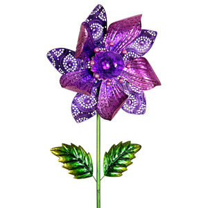 Purple Solar Flower Wind Spinner Garden Stake, with Solid and Metal Lace Petals, 16 by 58 Inches