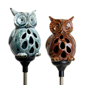 Solar Resin Owl Stake Set in Blue and Brown, 3 by 29 Inches