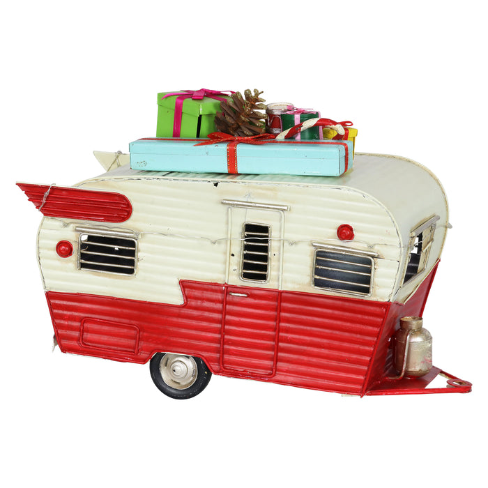 Battery Powered Holiday Gift Trailer Statue with LEDs on a Timer, 7.5 by 11.5 Inches