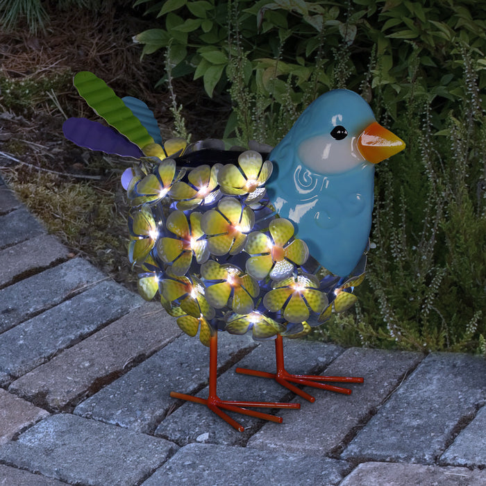Solar Yellow Metal Song Bird with 38 LEDs in a Flower Body Garden Statue, 6 by 7.5 Inches