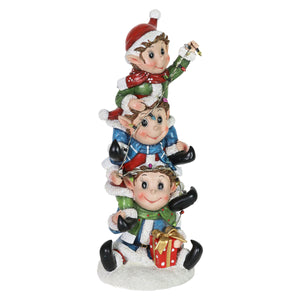 Hand Painted Stacked Christmas Elves with LED Lights Statuary on a Battery Powered Timer, 14 Inch | Exhart