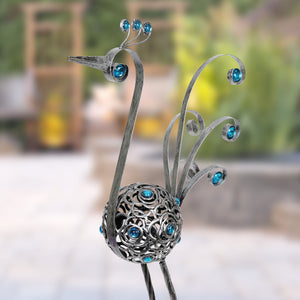 Metal Filigree Bird Statue with Round Flower Body and Beads in Pewter, 15 by 28 Inches | Shop Garden Decor by Exhart