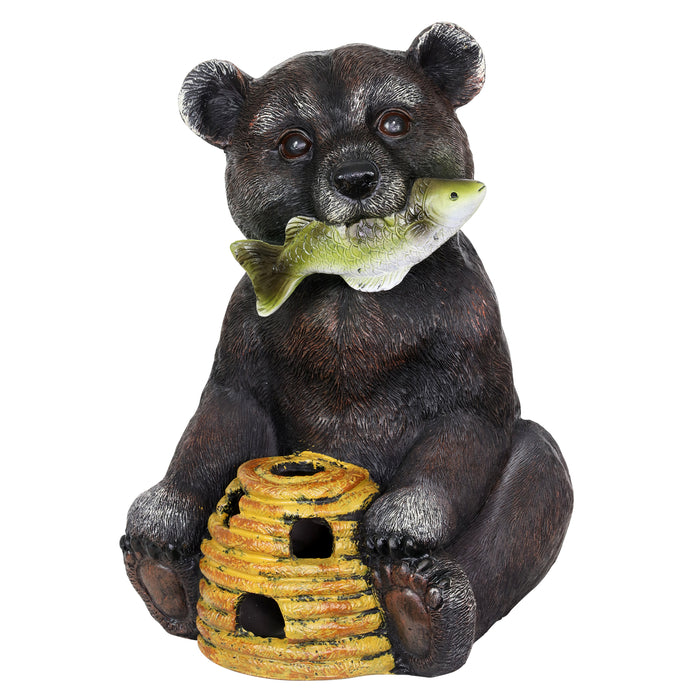 Solar Bear with a Fish and Bee Hive Garden Statue, 12 Inch