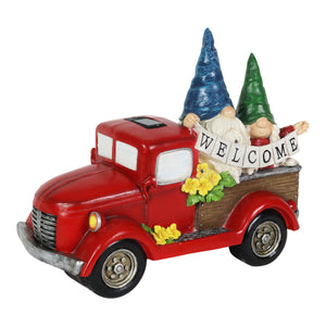 Solar Gnome Couple in Red Retro Truck with LED Welcome Sign Garden Statuary, 17.5 by 13.5 Inches | Shop Garden Decor by Exhart