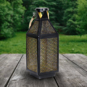 Black Metal Filigree Lantern with Twenty LED Lights on a Battery Timer, 16 Inch | Shop Garden Decor by Exhart