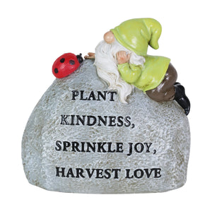 Solar Hand Painted Gnome Inspirational Kindness and Joy Garden Stone Statue with LED Lady Bug, 3 by 5 Inches | Exhart