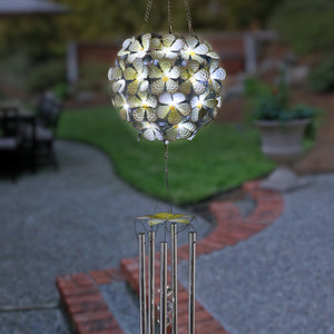 Solar Hanging White Hydrangea Flower Ball Wind Chime with Thirty Eight LED lights, 6 by 27 Inches | Exhart