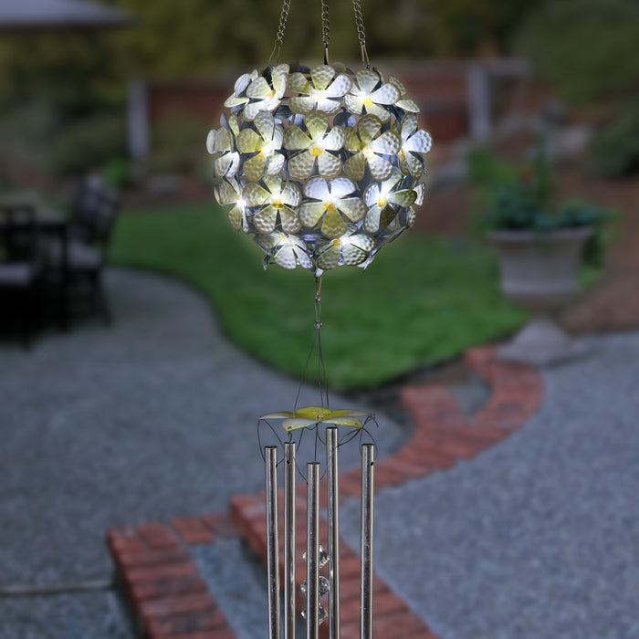 Solar Hanging White Hydrangea Flower Ball Wind Chime with Thirty Eight LED lights, 6 by 27 Inches
