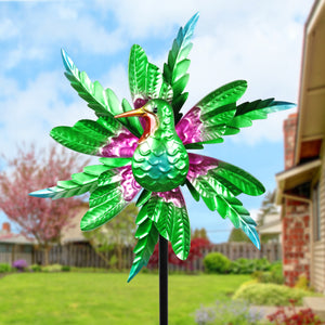 Metallic Green Kinetic Hummingbird Garden Stake with Double Spinning Feathers, 19 by 63 Inches | Shop Garden Decor by Exhart