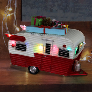 Battery Powered Holiday Gift Trailer Statue with LEDs on a Timer, 7.5 by 11.5 Inches | Shop Garden Decor by Exhart