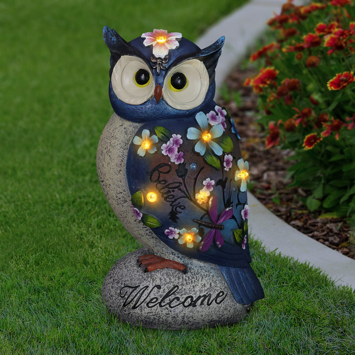 Solar Inspirational Owl Garden Statue with Messages of Believe and Welcome and Seven LED lights, 14 Inches