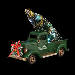 Merry Christmas LED Green Vintage Holiday Truck Statue with a Battery Powered Timer, 14.5 by 6.5 x 14 Inches | Exhart